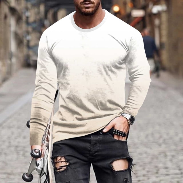 Blusas y camisas de manga larga con cuello redondo para hombre, blusa informal de manga larga con cuello redondo y estampado, blusa de poliéster para hombre