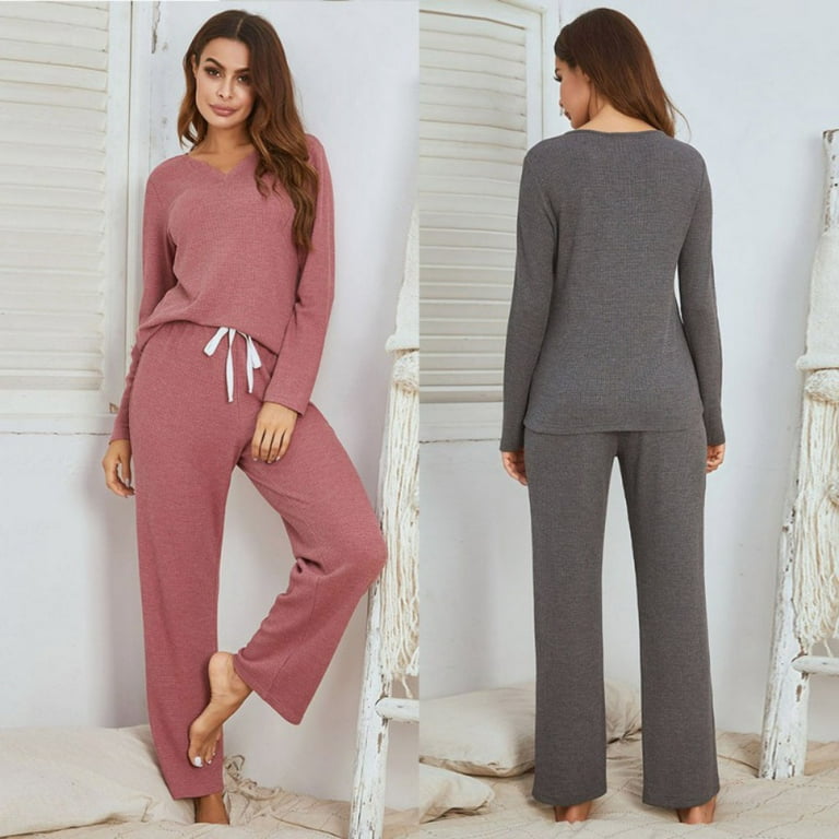Women Loungewear Sets 2 Piece pj Sets,Long Sleeved V Neck Sweatshirt with  Drawstring Pajamas Sweatpants Sets,Winter Indoor Sleepwear Sweatsuits  Casual Joggers Pullover Outfit Workout Track Sui,Gray 