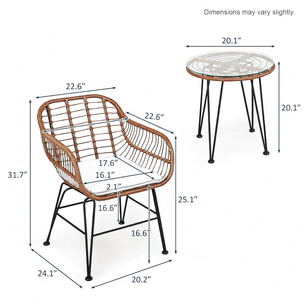 Hommoo 3-Piece Outdoor Rattan Bistro Set with Removable Cushions, Steel Frame, Tempered Glass Table, for Patio, Balcony, Poolside, Navy