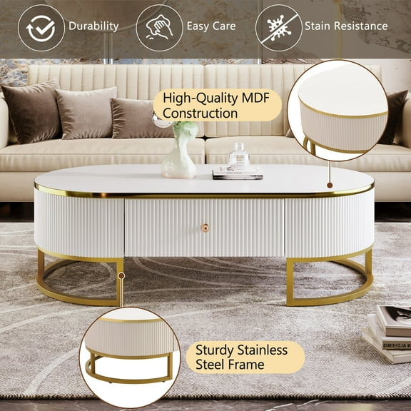 Coffee Tables Modern Oval Coffee Table with Drawers,Curved Profile Design, Gold Metal Decor, Center Table for Living Room in 47.2",Wooden Coffee Tables
