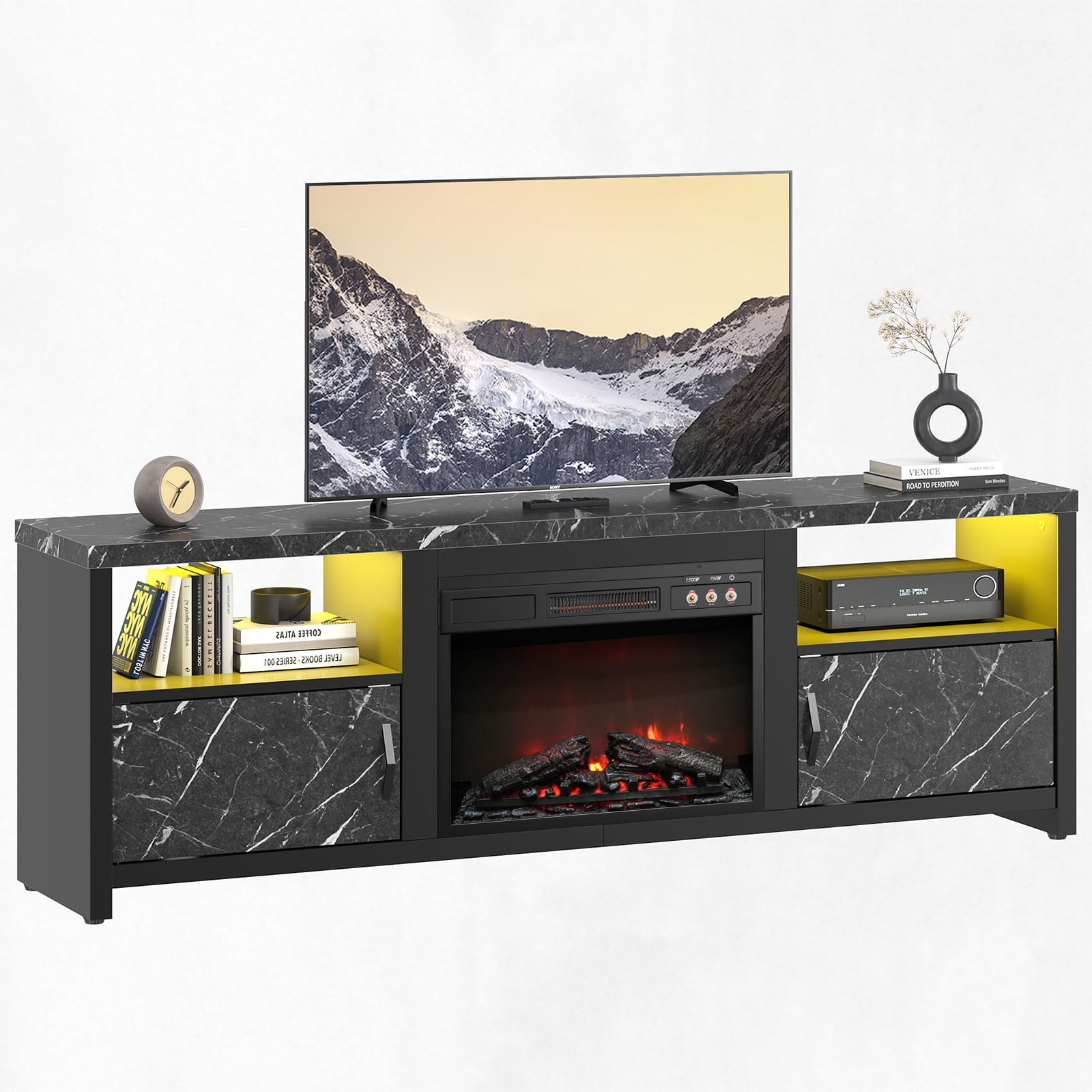 Bestier 71 inch Electric Fireplace TV Stand for TVs up to 75", Modern Entertainment Center with LED Lights, Black Marble