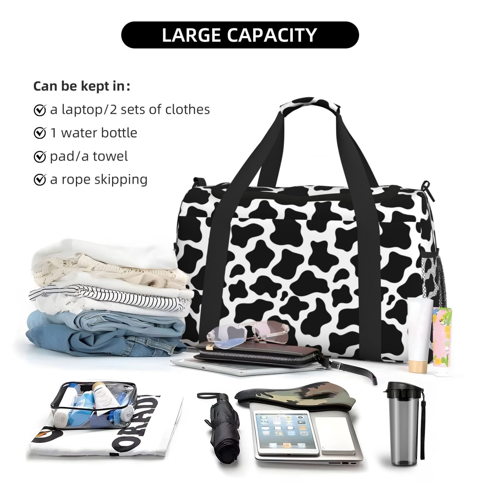 Kuqiui Cow Print Black White Print Foldable Travel Duffel Bag Tote Carry on Luggage Bag Personal item Sports Gym Bag Water Resistant Weekender Overnight Bags for Women and Men