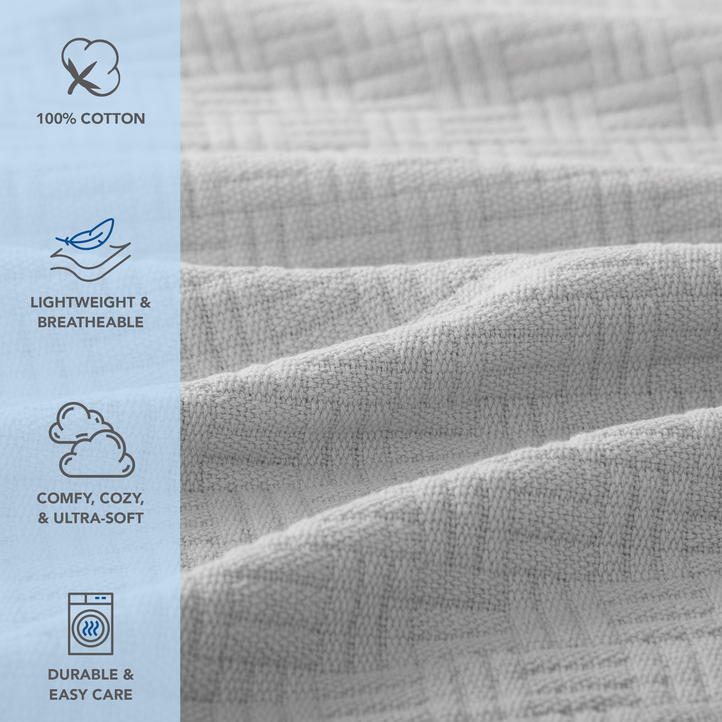 Host & Home 100% Cotton Basketweave Throw, Lightweight Blanket, 300GSM, 50x70, Light Grey
