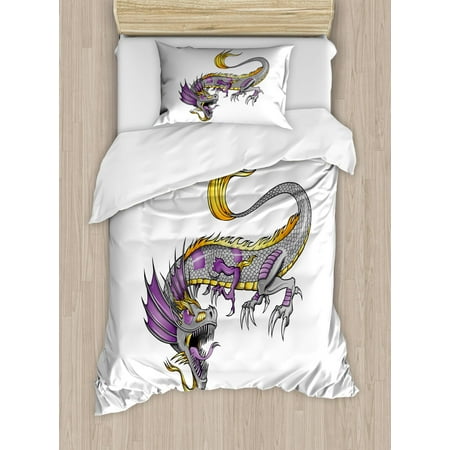 Japanese Dragon Duvet Cover Set, Ethnic Far Eastern Beast Fiery Monster with Scales Fangs and Tail, Decorative Bedding Set with Pillow Shams, Grey Violet Yellow, by