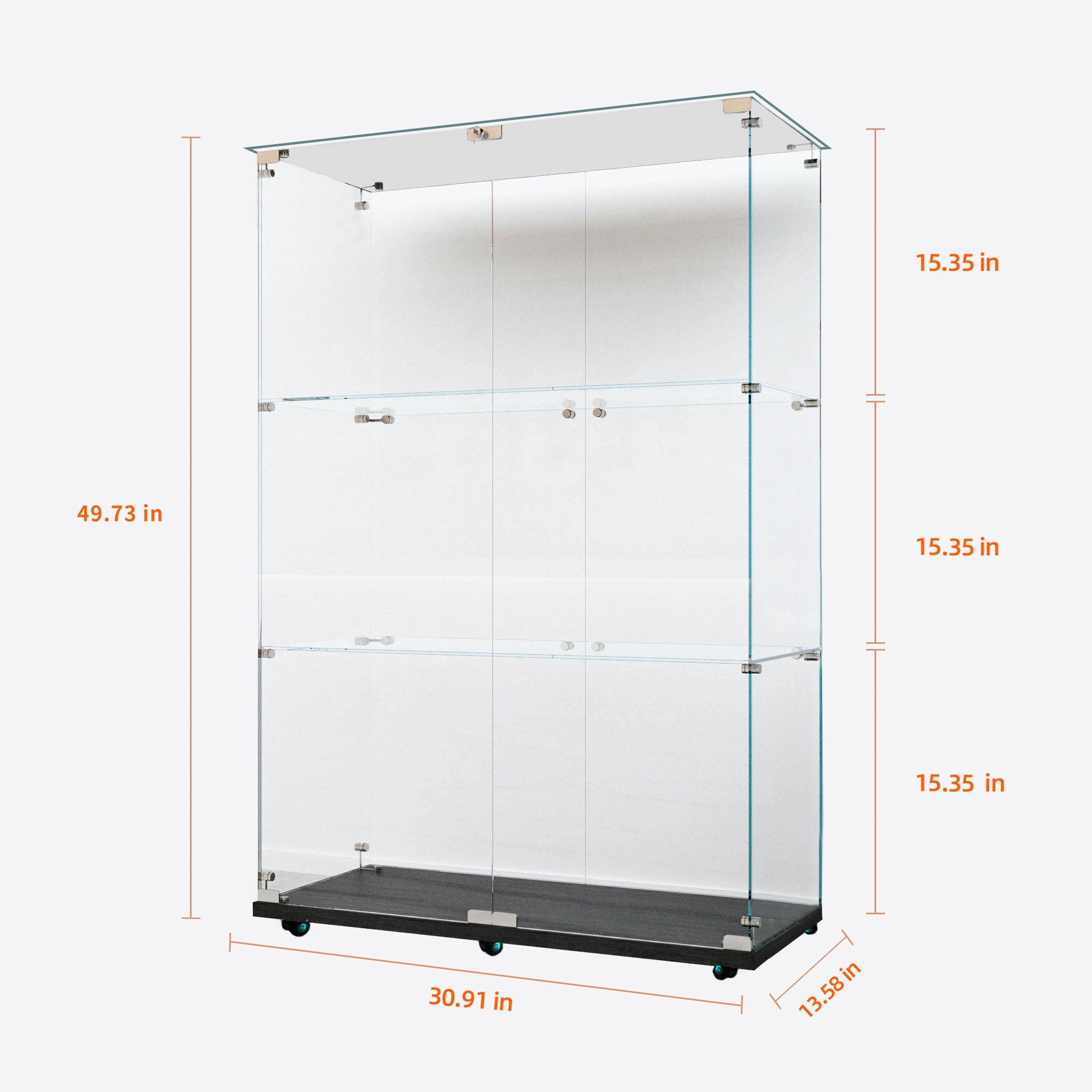 MAYEERTY 3 Tiers Glass Display Cabinet with Bluetooth LED Light Strip, Curio Storage Cabinet with 2 Door Wheels and Lock, Tempered Glass Top, Black