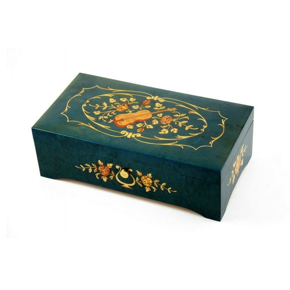 Vibrant 50 Note Blue-Green Music Box with Violin and Floral center in Ornament Frames Inlay - Smoke Gets into Your Eyes