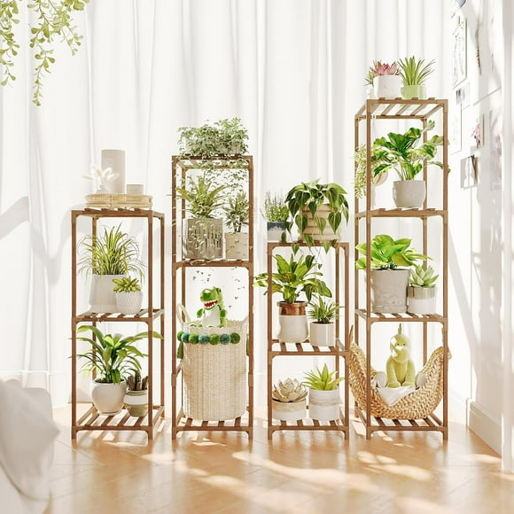 Bamworld Black Plant Stands 4 Sets of Package Plant Shelf Indoor Combo Bamboo Plant Table Outdoor Plant Shelves for Living Room Balcony Garden