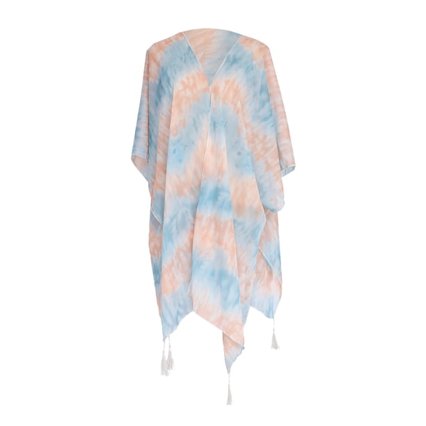 Moda gasa floral estampado suelto chal kimono cardigan túnica playa traje de baño Naranja azul Yuyangstore Cárdigan con borlas