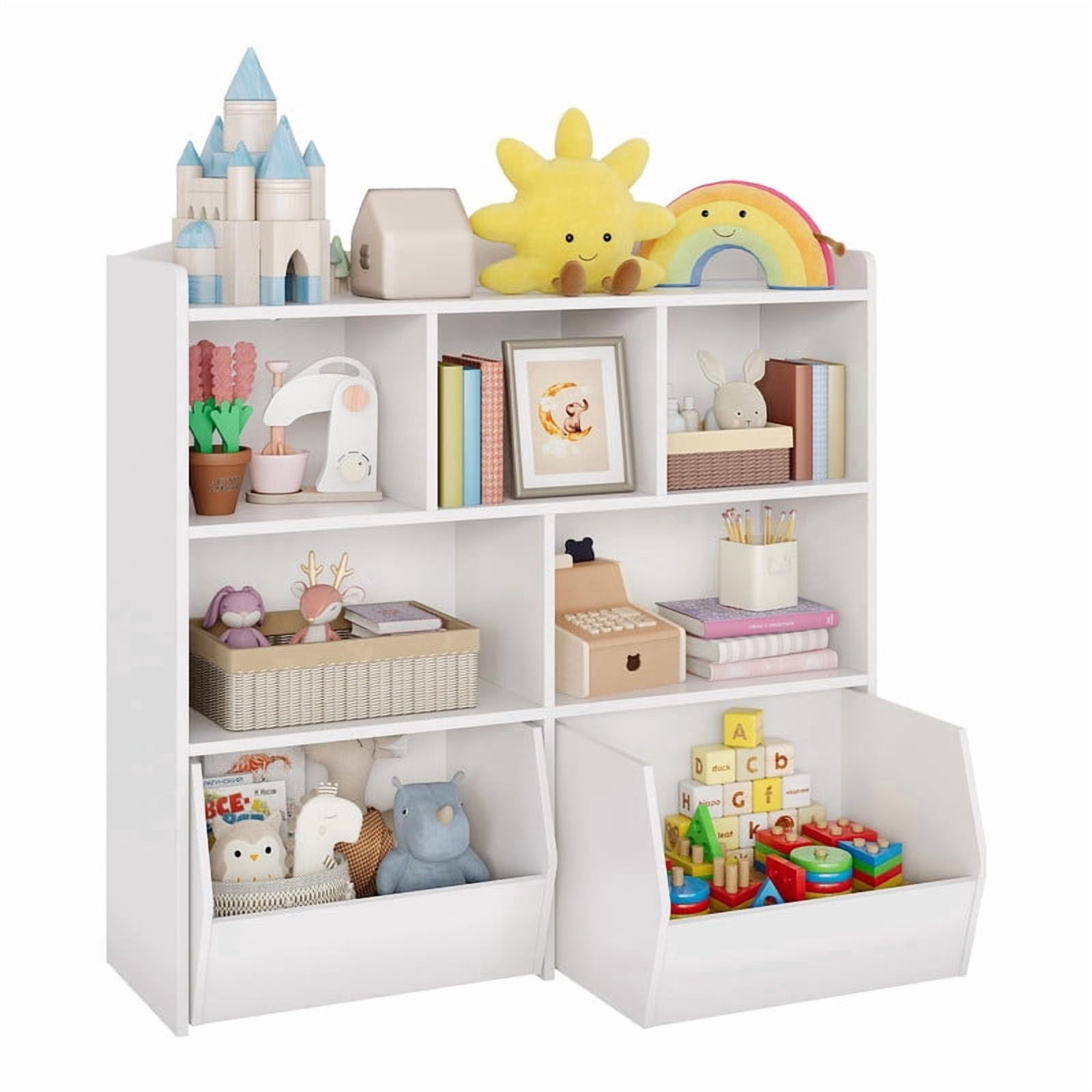 TROPOW Toy Storage Organizer with Movable Drawers, Kids Bookshelf with Hidden Wheels & Open Cubbies, Multifunctional Floor Storage Chest for Playroom