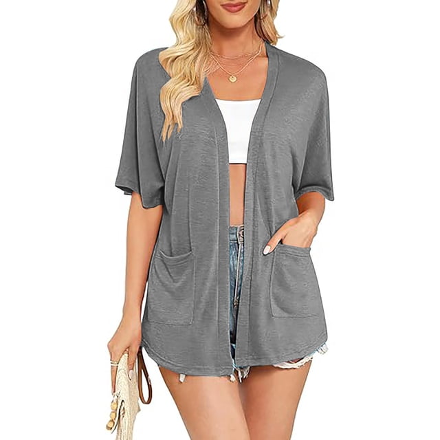 LOVZFMLL Cardigan for Women's Cardigan Summer Solid Color Medium Sleeved Cardigan Shoulder Pockets With Curved Hem And Pockets