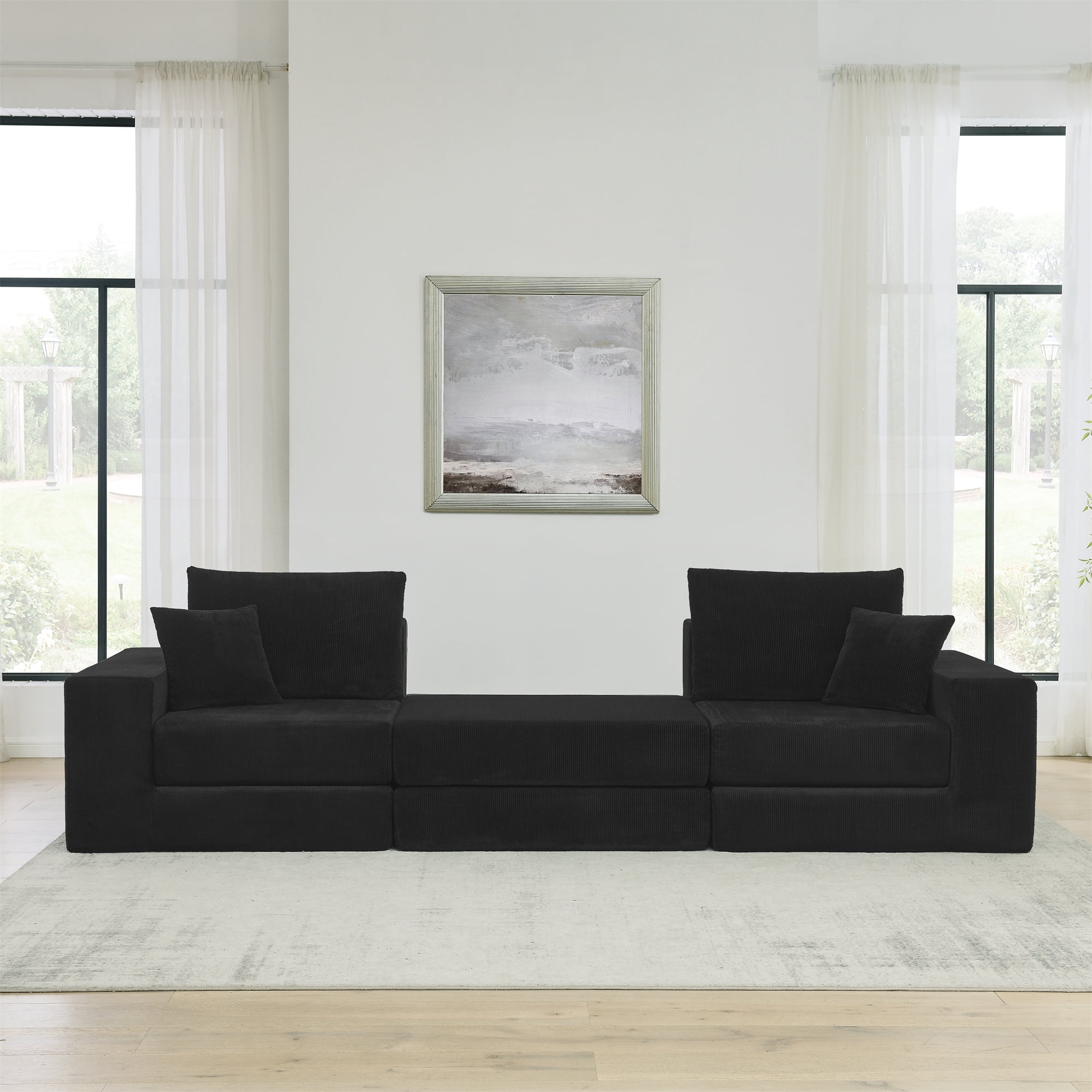 Miniyam 3 Seats Modular Sectional Sofa, Configurable Corduroy Cloud Couch with Pillows & Ottoman,No-Tools Assembly, for Living Room, Black