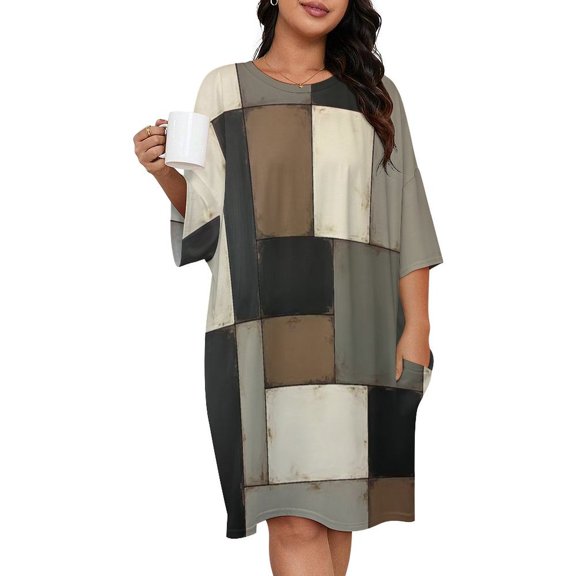Geometric Modern Art Brown Gray Black Sleepshirts For Sleeping Travels Loose Sleepdress Pajama Dress Soft Nightdress Sleepwear