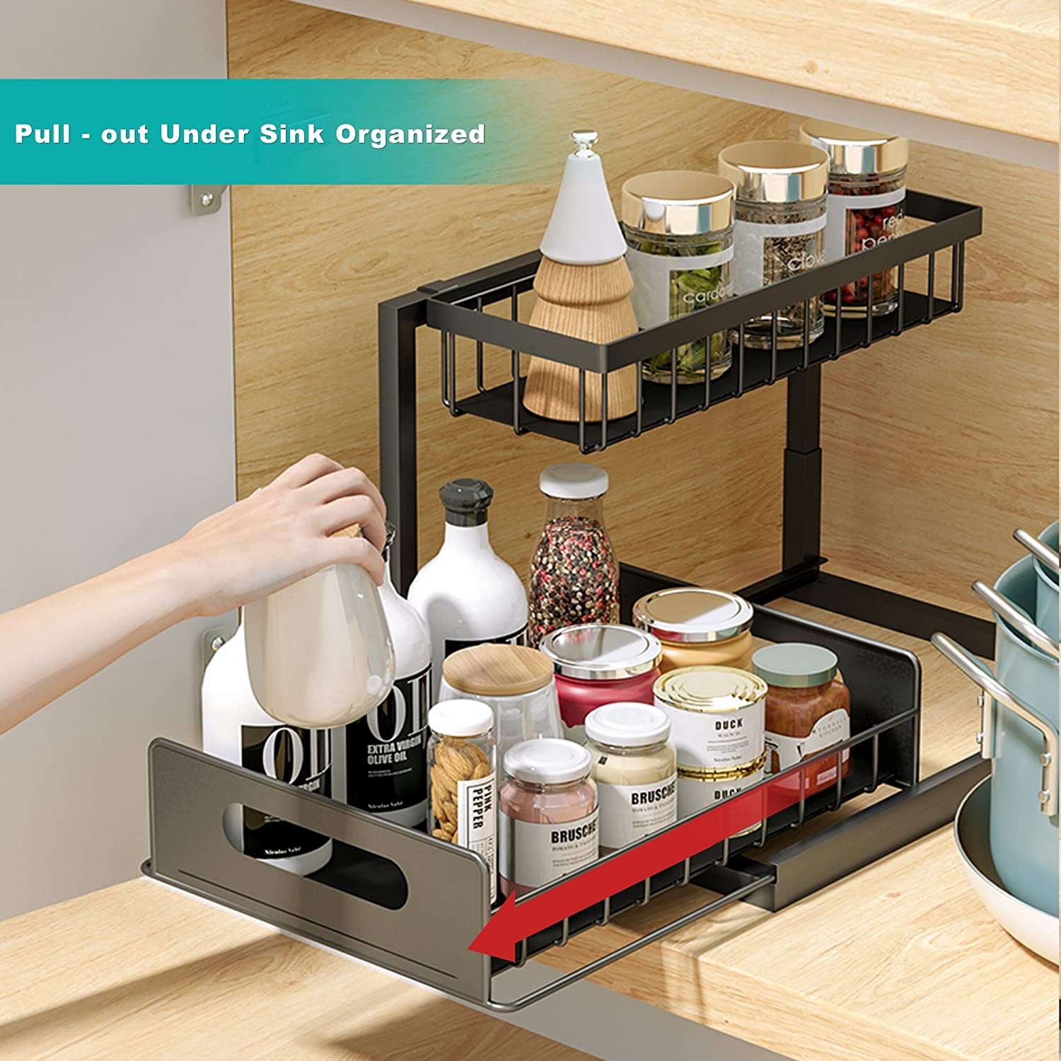 TEXIJUSO Under Sink Organizer and Storage, 2 Tier Rustproof Under Cabinet Storage, Sliding Kitchen Sink Organizer for Kitchen Bathroom