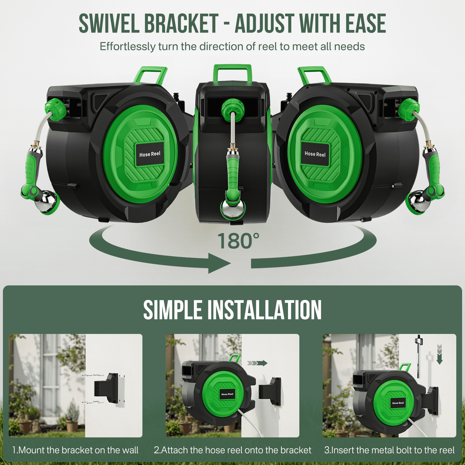 Fitfort Retractable Hose Reel, 100ft Wall-Mounted Water Reel with Auto Rewind and 10-Pattern Spray Nozzle, Heavy Duty for Garden & Car Wash