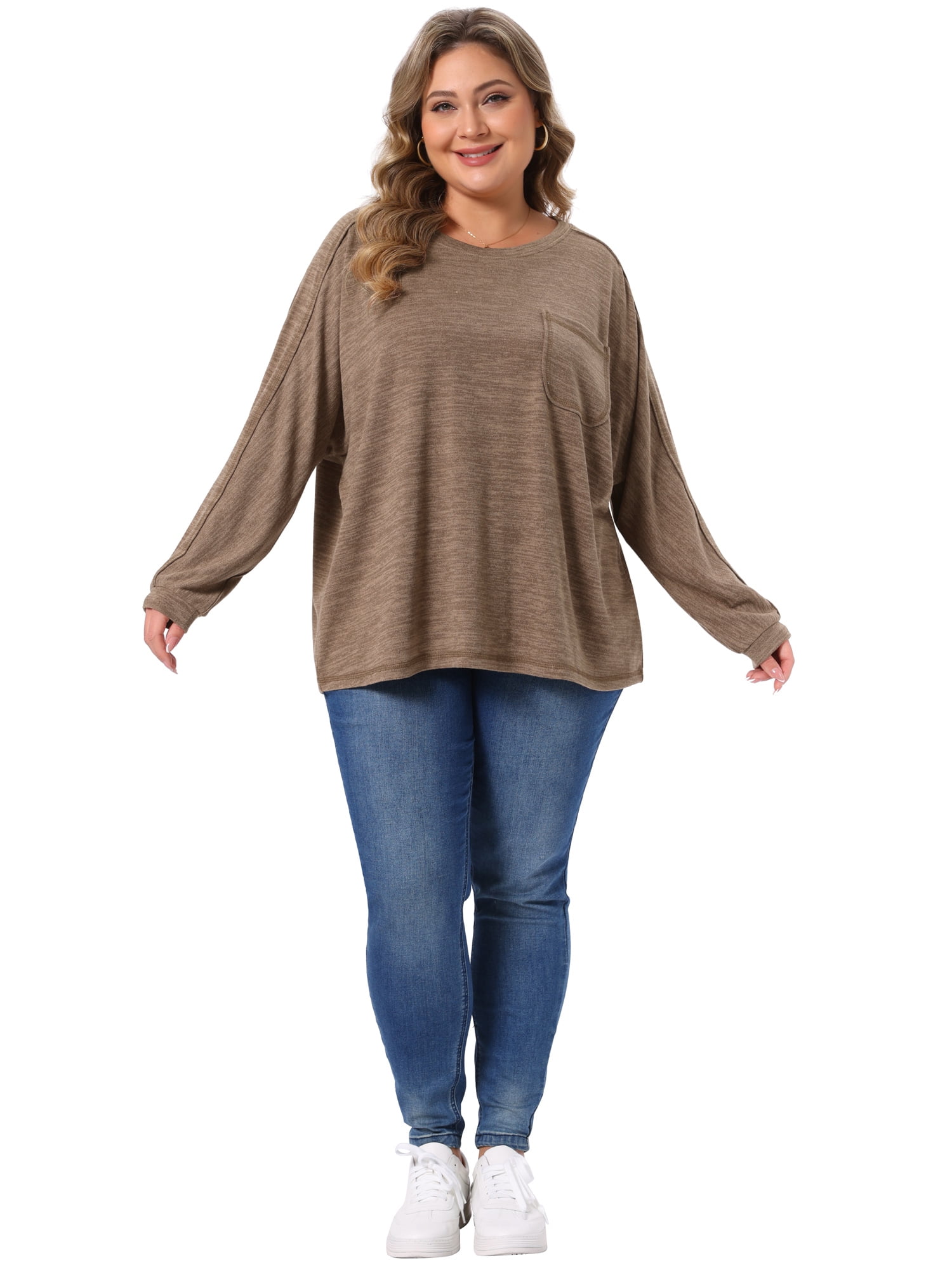 DARING DIVA Women's Plus Long Sleeve Crewneck Pullover Casual Blouses 1X Light Brown