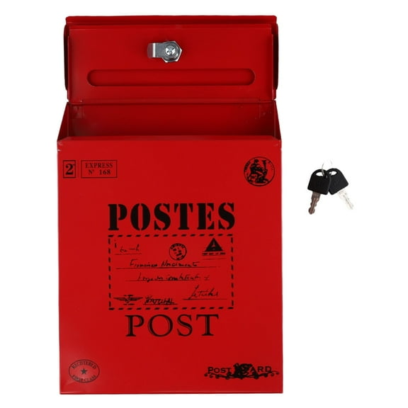 Vintage Iron Wall Mount Mailbox with Lock Red Outdoor Waterproof Postal Letter Box for Home Garden Newspaper Storage 30x22x7cm
