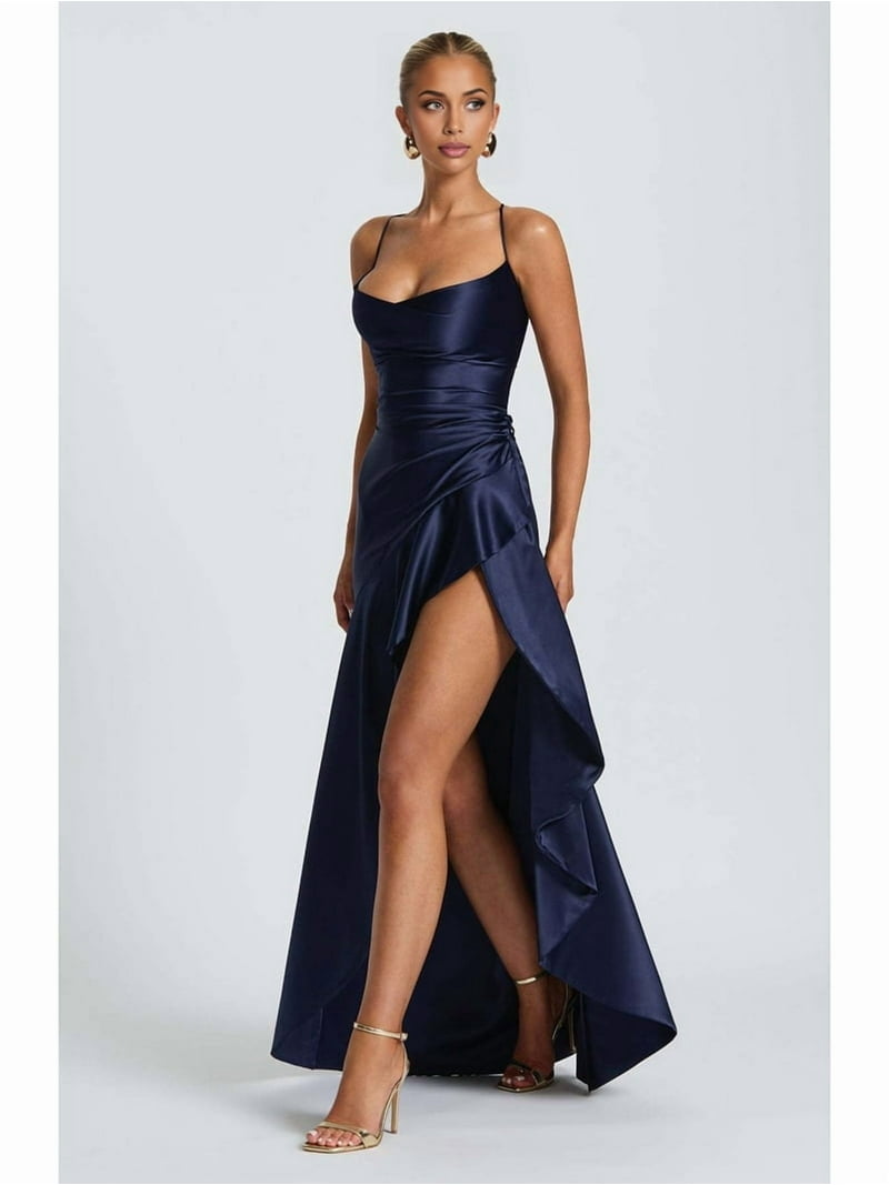 blue satin ruffle dress Samantha Navy Blue Satin Ruffle Maxi Dress S main image 1