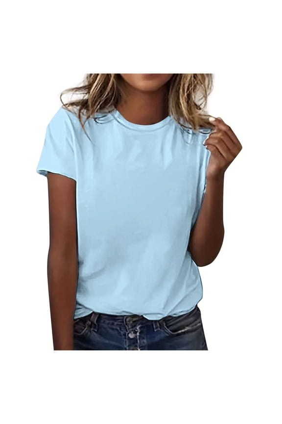 Women's Classic Versatile Daily Short Sleeved Solid Color Casual Round Neck Shirt Casual T Shirts Women Light Blue, XXL