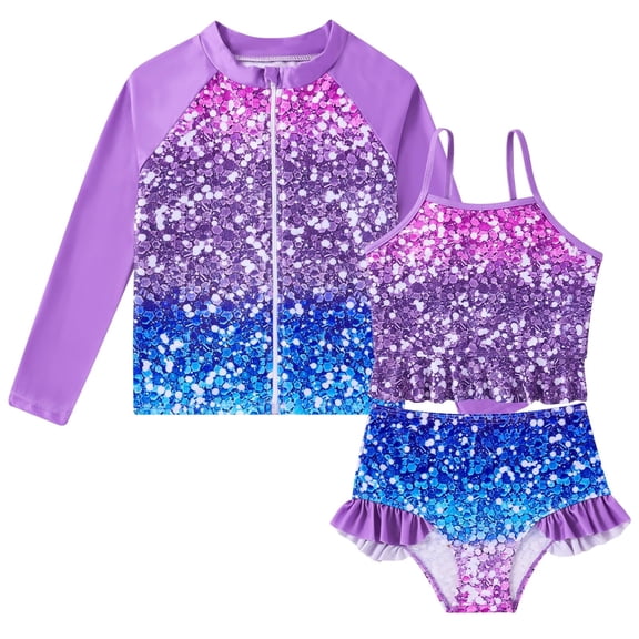 Lanbubble Girls 3 Piece Swimsuit Set Long Sleeve Rash Guard Tankini Bathing Suits Beach Swimwear 3-4 Years