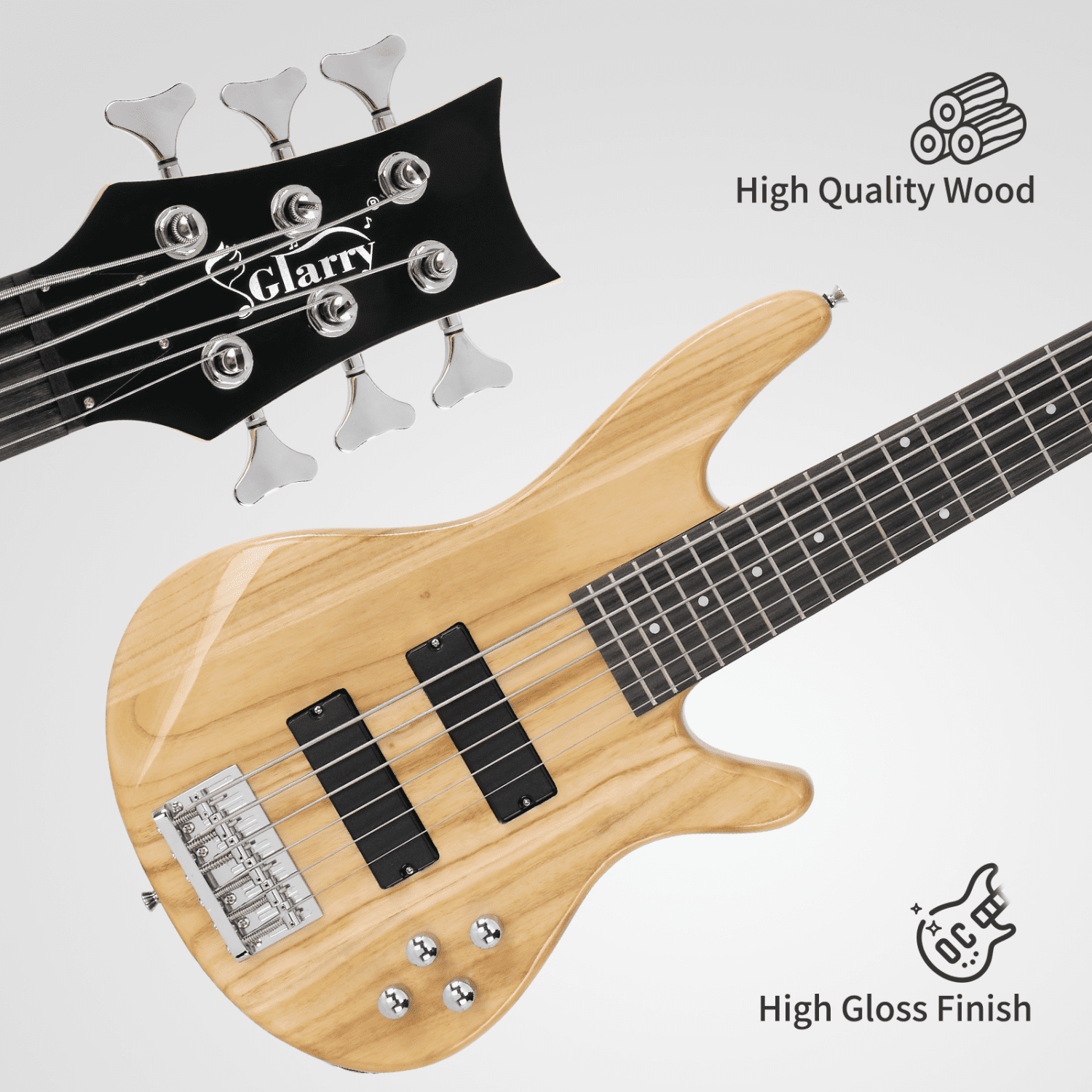 Hassch 6 String Electric Bass Guitar with Big Bag and Strap, Beginner Bass Set with Pick, Connector and Wrench Tool, Burlywood