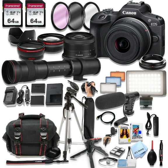 Canon EOS R100 Mirrorless Camera with 18-45mm Lens   420-800mm Super Telephoto Lens   128GB Memory, LED Light, Microphone, Spare Battery, Filters,Case, Tripod, Flash, and More (43pc Video Bundle)