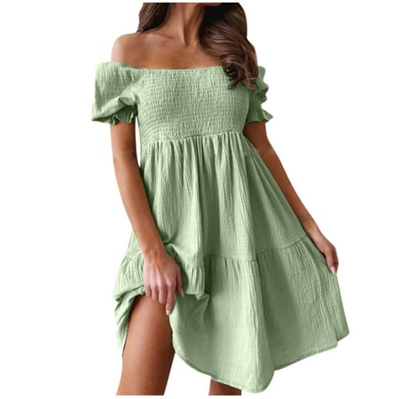 Usupdd Summer Dresses for Women 2022 Female Dresses That Hide Belly Fat Sexy Off The Shoulder Dress Summer Casual High Waist Smocked Short Ruffle Swing Dresses