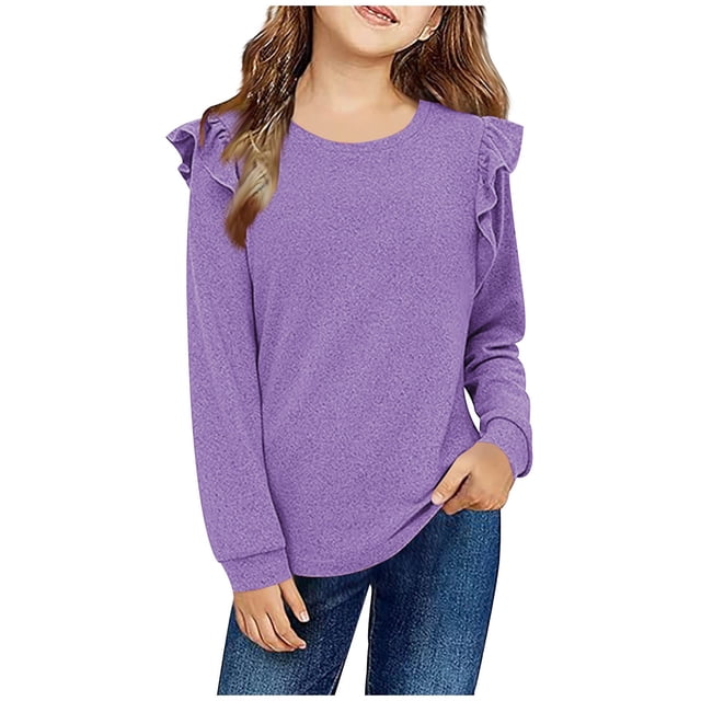MKOSPLRT Casual Tops for Girl Long Sleeve Ruffle T Shirts Crew Neck Soft Blouses Basic Solid Color Shirts Back to School Tees 4-13Y