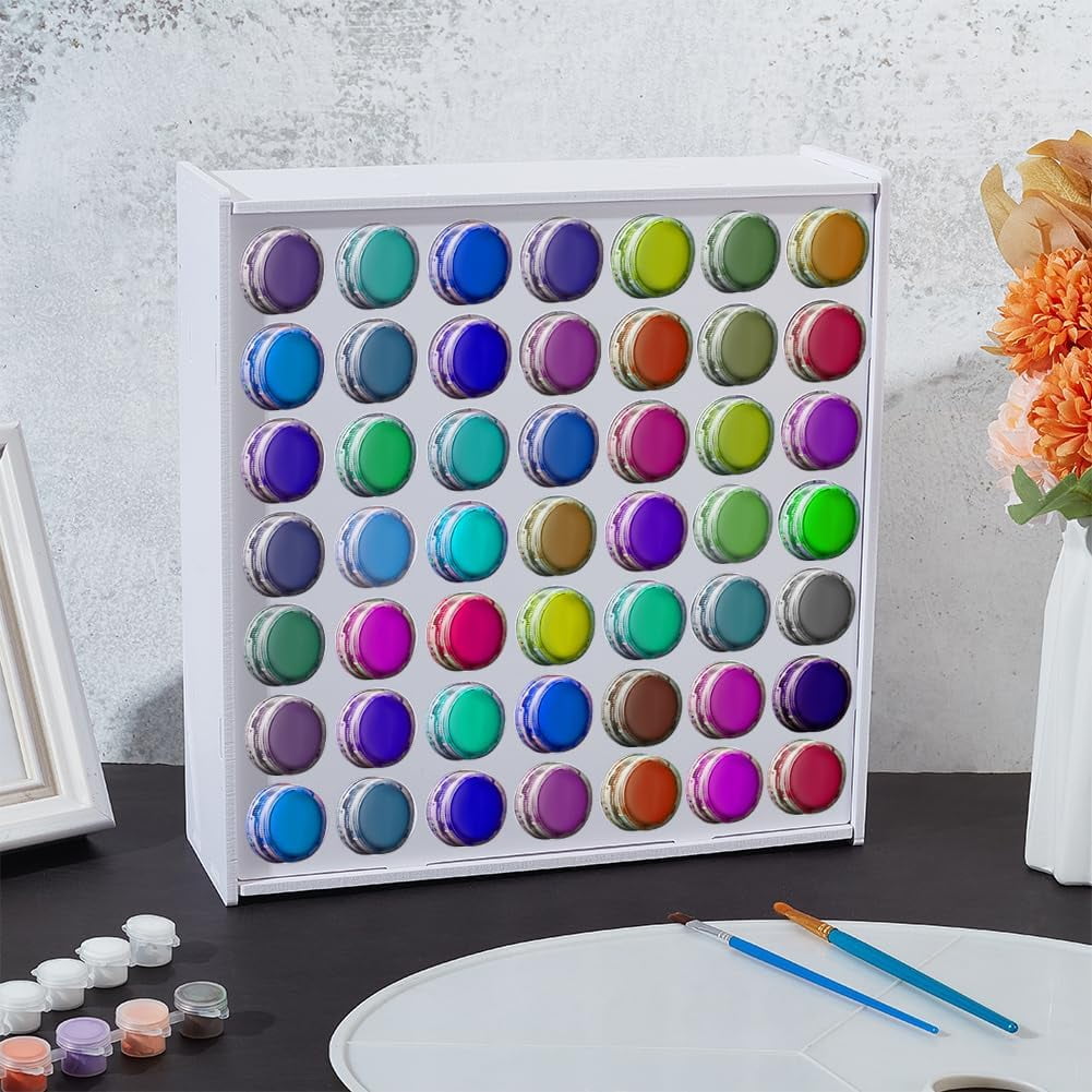 49-Hole Craft Paint Storage Organizer Hole Diameter 1.5inch White Vertical Paint Rack Assembly Plastic Paints Organizer Containers Wall Mounted Paint Holder for Miniature Paint Set diy
