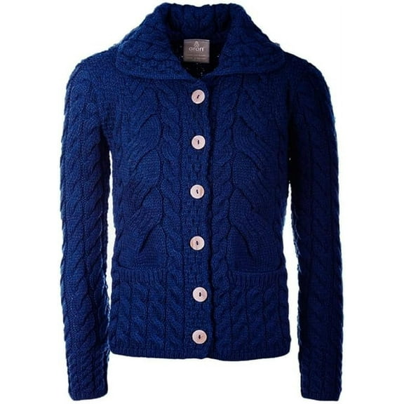 Aran Woollen Mills Women’s Aran Cardigan Sweater, Blue, Large