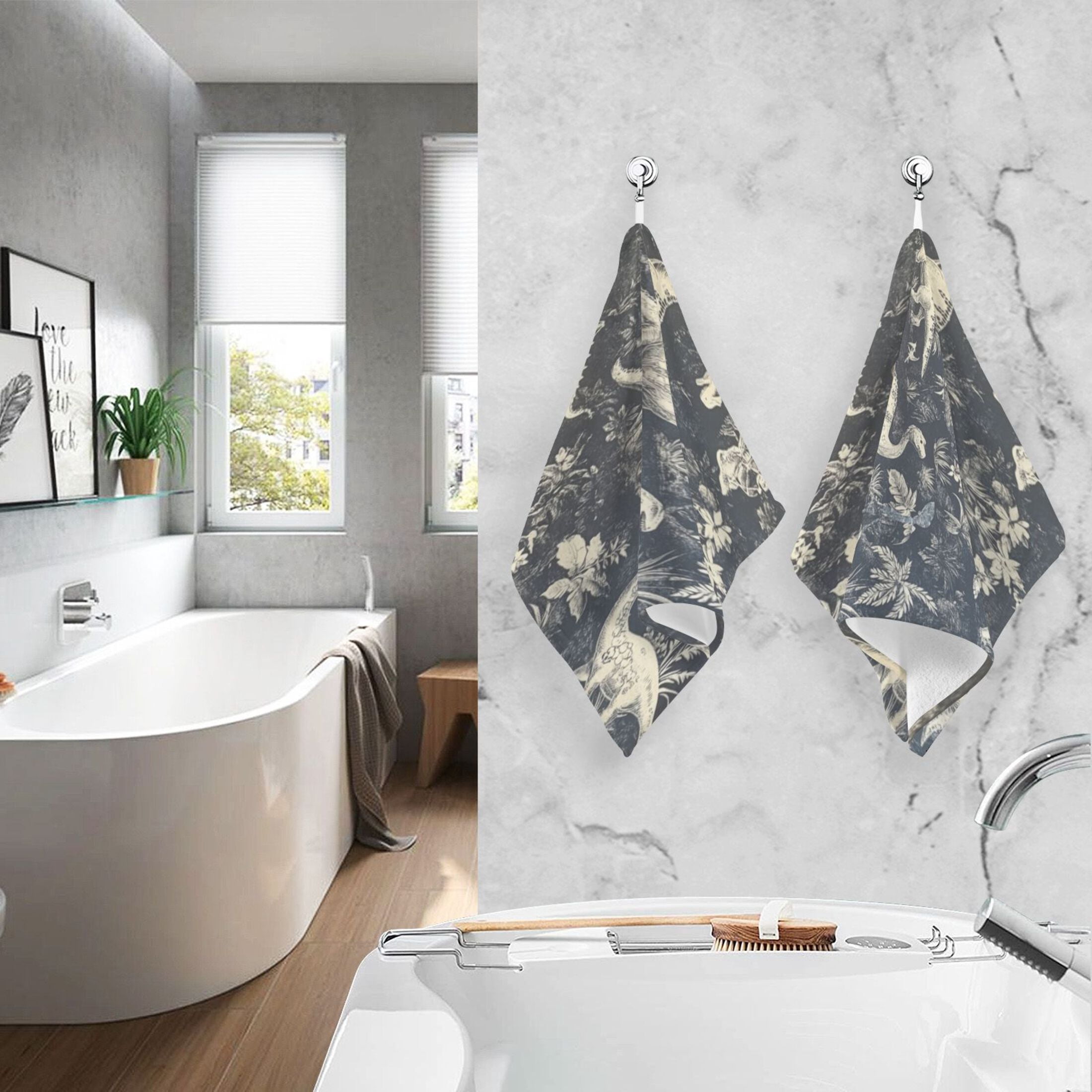 Cotton Towel Two-Piece 16x28 Inch One Sizex2 Face Towel Set Towel Set Cotton Hand Bath Towel Bathroom Beach Black and White Dinosaur