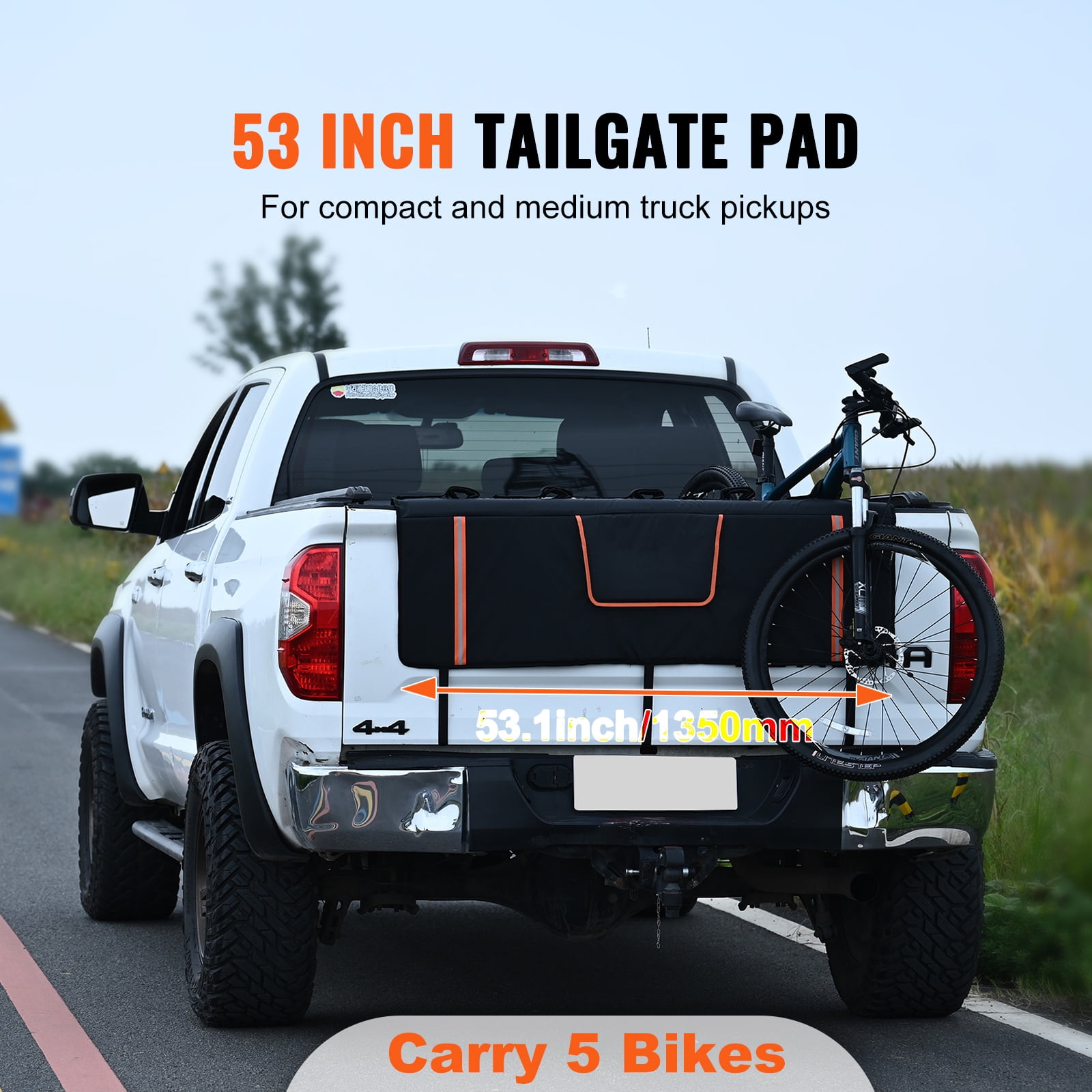 KFFKFF Tailgate Cycling Mat, 53" Pickup Rear Gate Cushion for Transporting 5 Bicycles, with Reflective Accents & Storage Compartments, Rear Gate Cover with Camera Slot for Mid-Size Truck