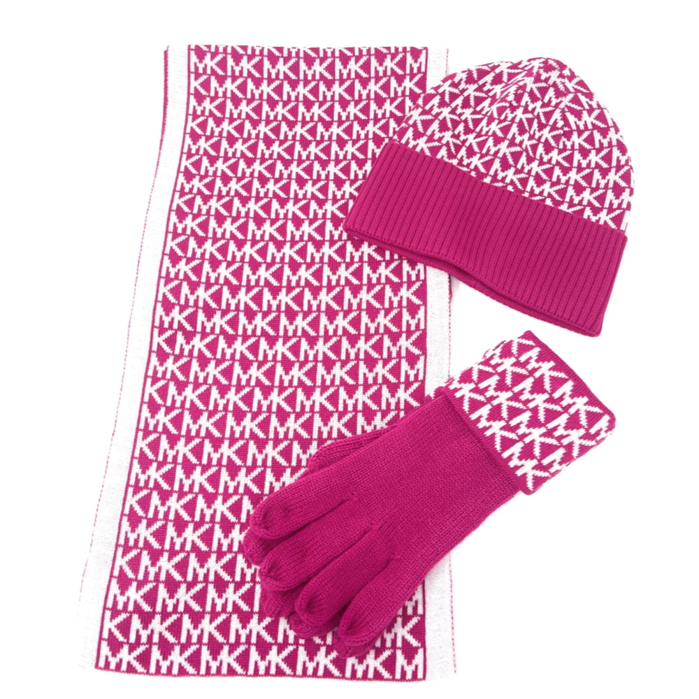 Michael Kors Monogramed Knit 3-Piece Box Set Scarf, Hat & Gloves,  Black/Burgundy 