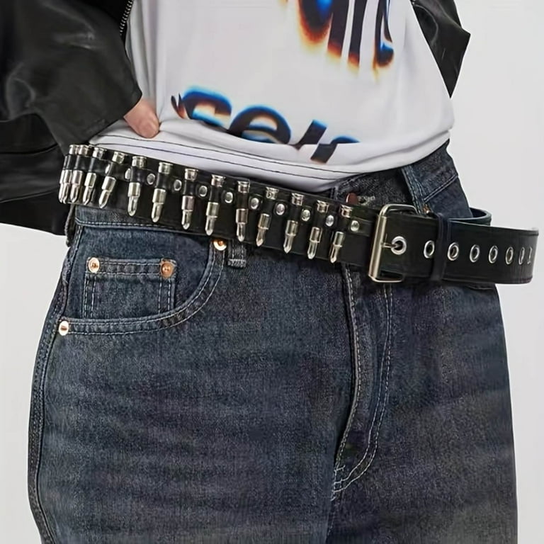 Fsjzc Men and Women Leather Rock Belt with Silver Bullet Fsjzc Men and Women Leather Rock Belt with Silver Bullet