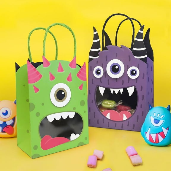 Cheerland 4 Pcs Monster Gift Bag Halloween Birthday Decorations Trick or Treat Candy Bag Colorful Cute Spooky Monster