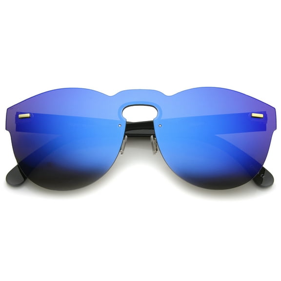 sunglassLA Unisex Futuristic Rimless Mono Flat Lens Horn Rimmed Shield Sunglasses (Black / Blue Mirror) - 73mm