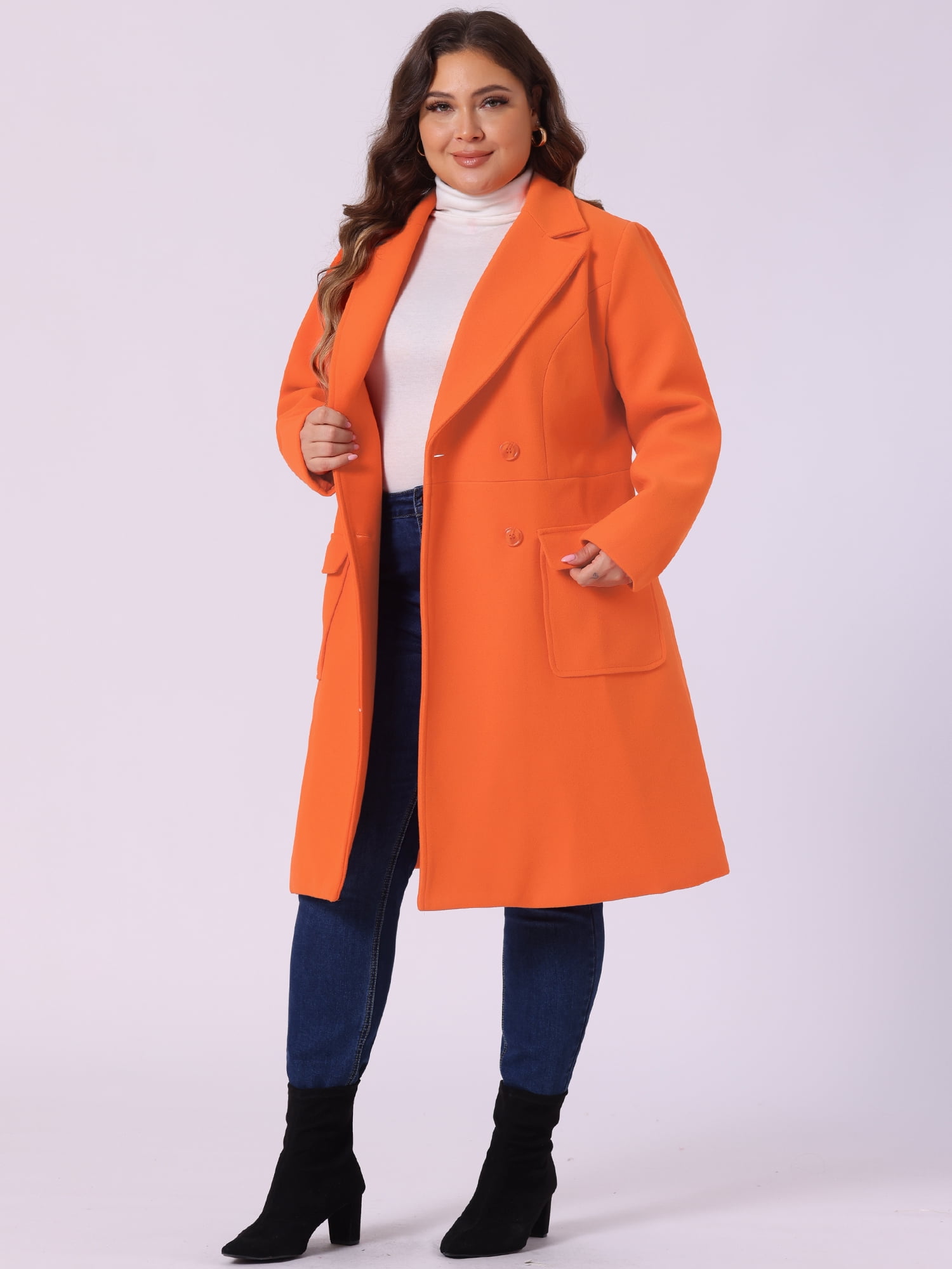 DARING DIVA Women's Plus Size Notched Lapel Double Breasted Long Coat 2X Orange