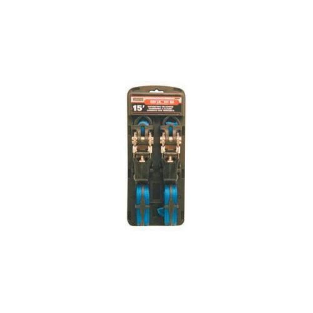 Pack of 2 Erickson 34400 Blue 1 x 15 Rubber Handle Ratcheting Tie-Down Strap,