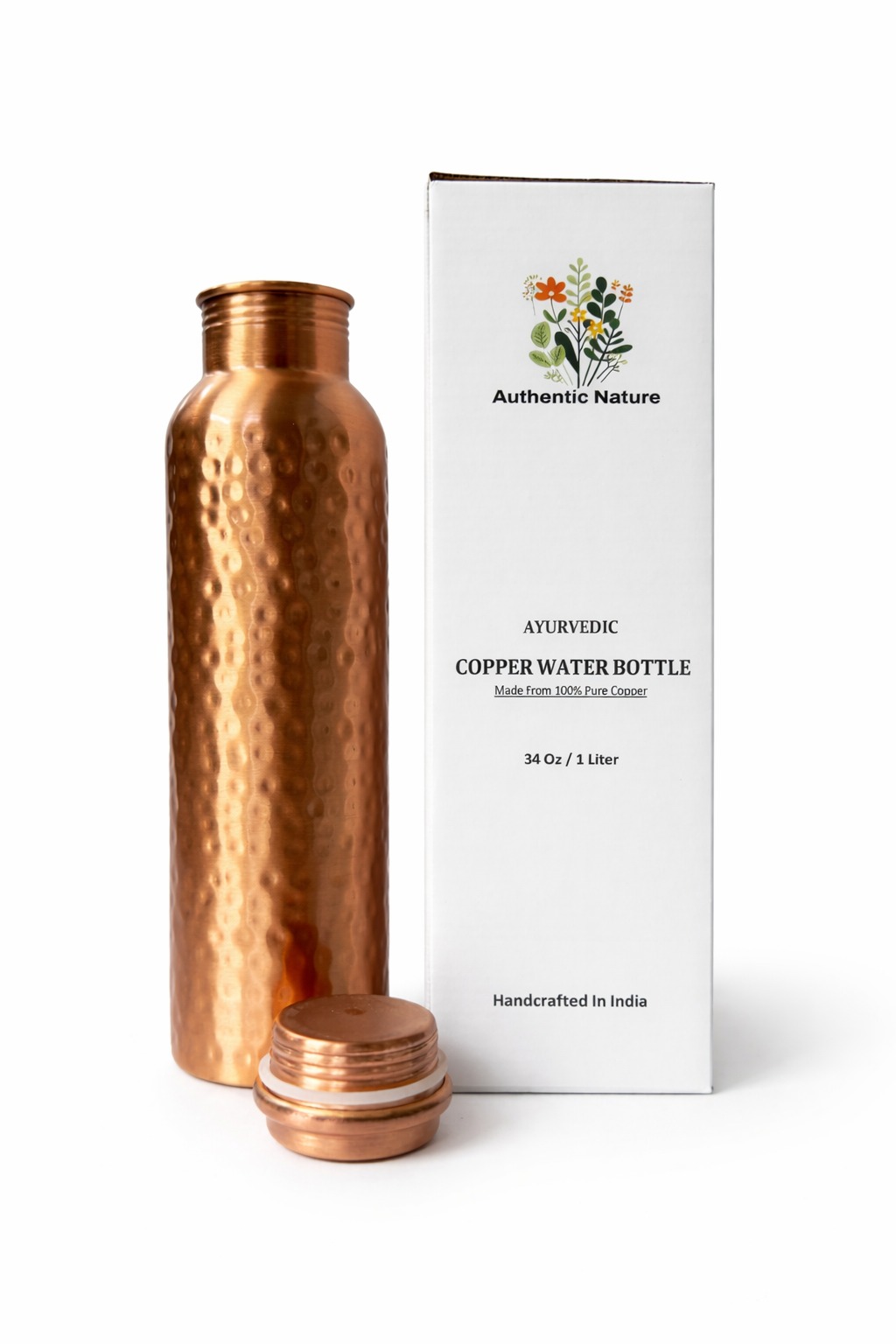 Authentic Nature Ayurvedic Copper Water Bottle, Pure Copper, 1 Litre/34 Oz, Hammered Design, Handcrafted in India