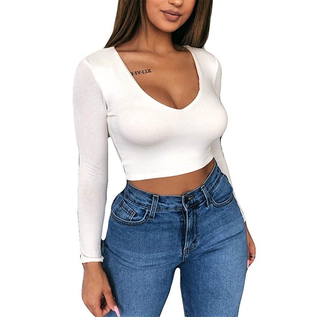 Shoulder Long Sleeve Crop Tops 
