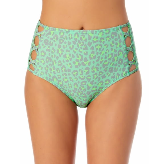 California Waves Junior's Printed High Waist Bikini Bottoms Swimsuit Green Size Small