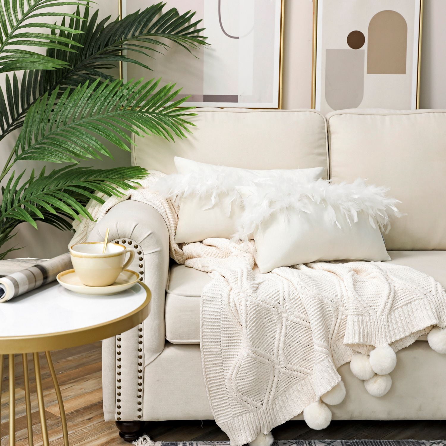 Phantoscope Feather Velvet Decorative Throw Pillows, 12 x 20 in, Off White, 2 Pack