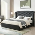 thumbnail image 2 of Luxurious Upholstered Wingback Storage Platform Bed with 60 inch High Headboard, Premium Linen, Dual Storage Drawers, and Sprung Slats-KING INK BLUE, 2 of 12