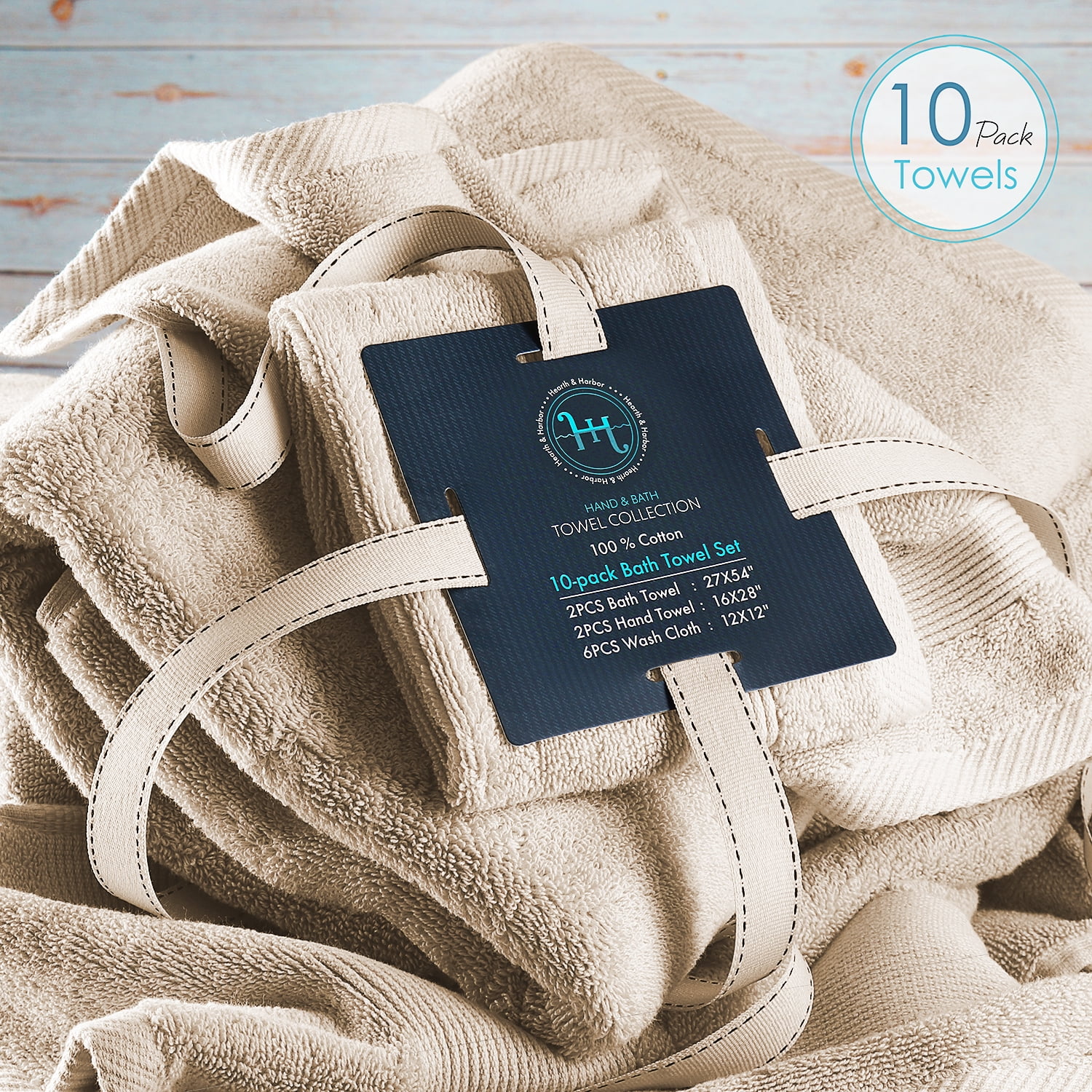 Hearth & Harbor Bath Towel Collection, 100% Cotton Luxury Soft Set of 2 Bath Towels, 2 Hand Towels & 6 Washcloths - Cream