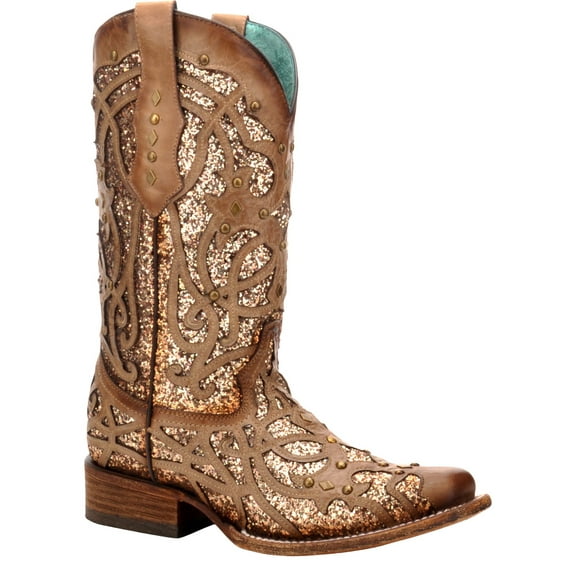 Corral Boots Womens Glitter Tooled Inlay Square Toe Cowboy Tall Boots