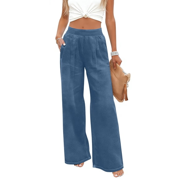 Simua Women's Solid Color Elastic Denim Double Pocket Wide Leg Pants for Fitness Casual Daily All-Season Loose Comfortable Long Wear