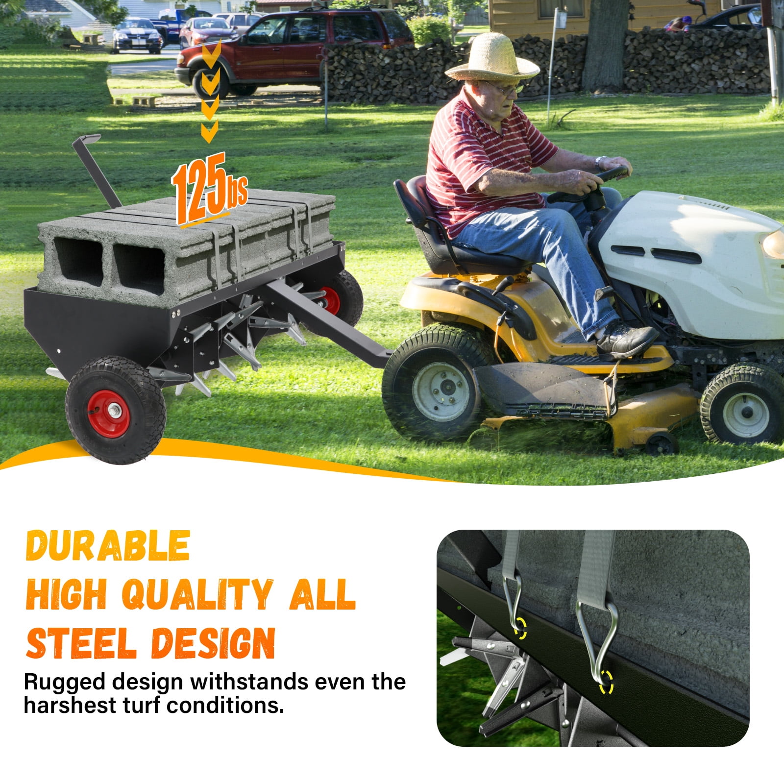 52-Inch Tow Behind Lawn Plug Aerator with Universal Hitch, 40 Galvanized Steel Tines, Weight Tray & Inflatable Wheels for Lawns, Gardens & Farms