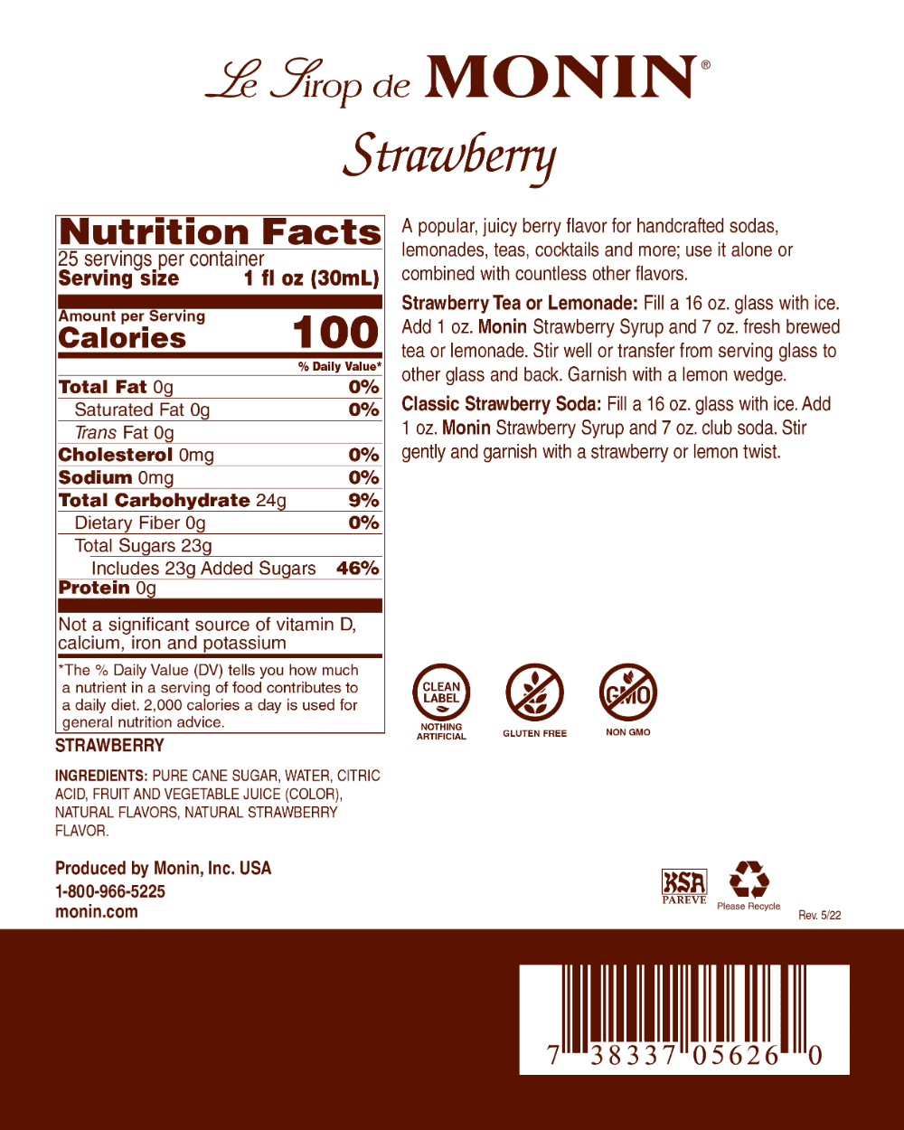 Monin - Strawberry Syrup, Mild and Sweet, Great for Cocktails and Teas, Gluten-Free, Non-GMO (750 ml)