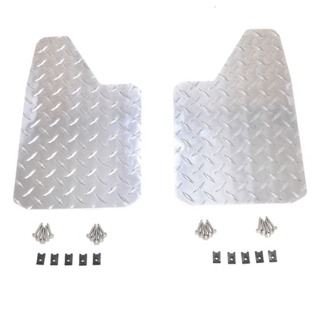Premium Heavy Duty Universal 9 x 15 Inches Mud Flaps Splash Guards Tapered Edge Teardrop Style Front or Rear Diamond Tread Aluminum Left and Right Pair 2pc Set with Hardware Kit