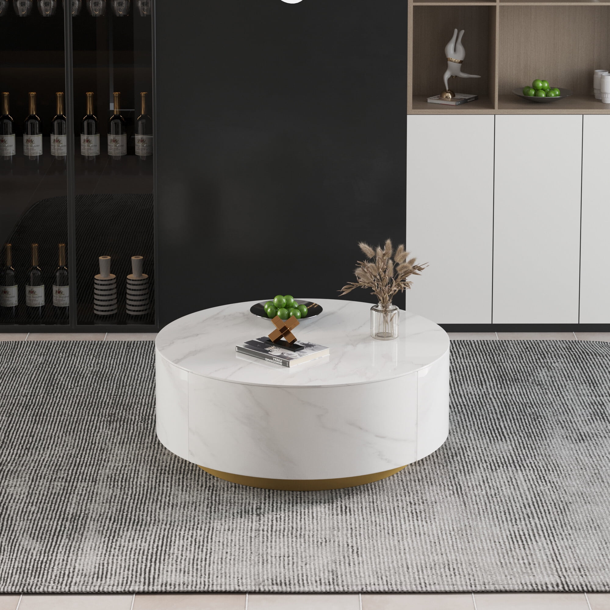Magic Home Modern Round Coffee Table with Two Drawers,Circle Coffee Table Space-Saving Multiple Purpose for Living Room,dining room and home office,White