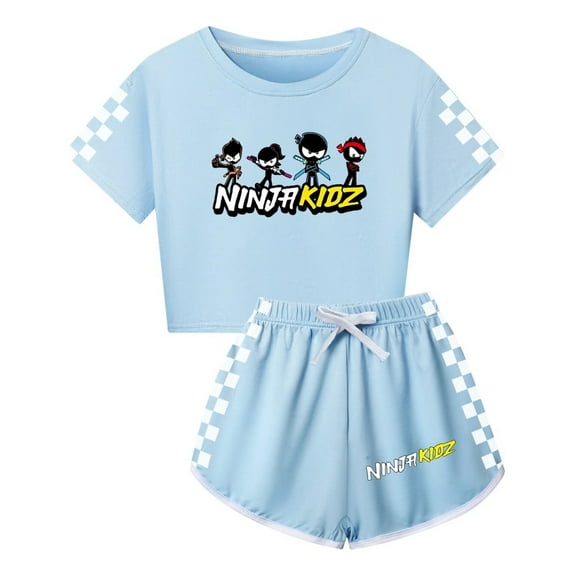 Girls Crop Top and Shorts Set for Kids – Ninja Kidz Outfit with Checker Print Sleeves – Trendy Summer Wear
